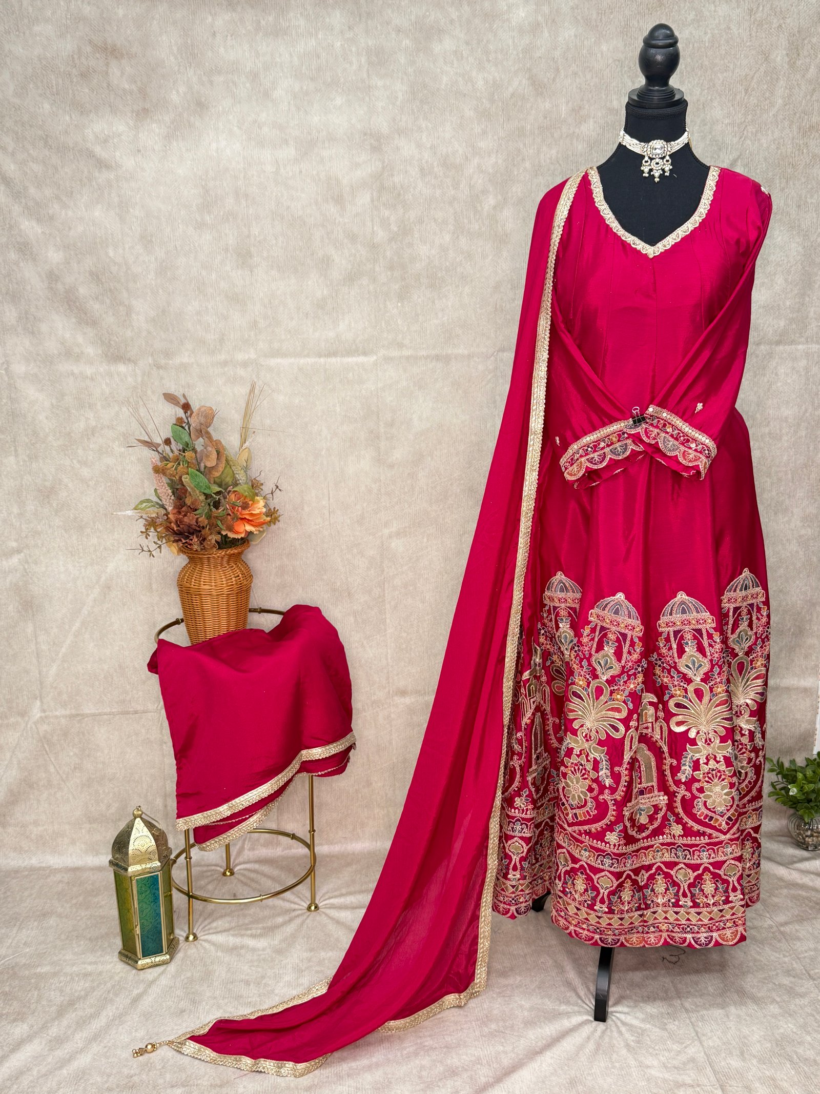Royal Rani Pink Pure Chinon Anarkali 3 PCS Set